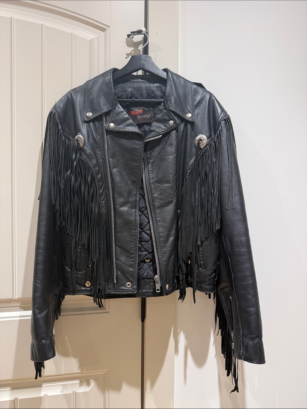 Vintage Black Leather Fringe Motorcycle Jacket